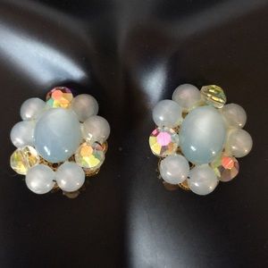 Vintage Light Blue Moonstones AB Clip on Earrings